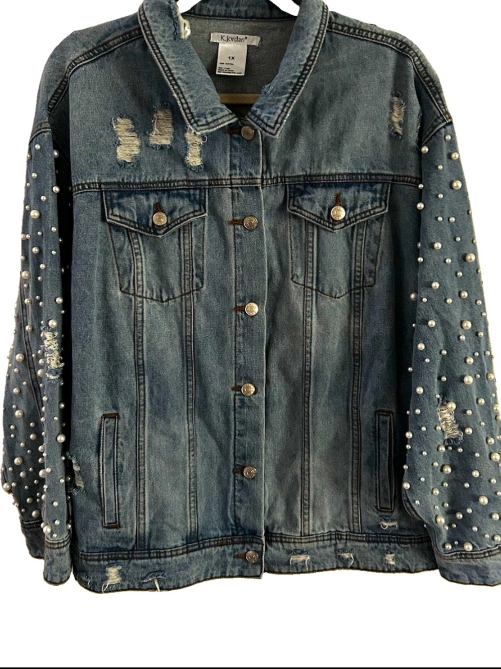 K. Jordan Distressed Pearl Embellished Denim Button Up Jacket Plus Size 1X